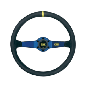 OMP racing steering wheel designed for motorsport, featuring a blue centre and black rim for high-performance racing applications.