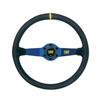 OMP racing steering wheel designed for motorsport, featuring a blue centre and black rim for high-performance racing applications.