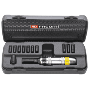 Facom impact screwdriver set in a black carrying case with various bits and accessories for professional use.