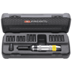 Facom impact screwdrivers set with 16 pieces in a black case, including various screwdriver bits and a power tool, ideal for professional impact screwdriving tasks.