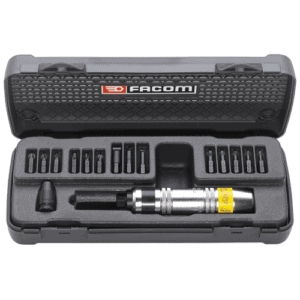 Facom impact screwdrivers set with 16 pieces in a black case, including various screwdriver bits and a power tool, ideal for professional impact screwdriving tasks.