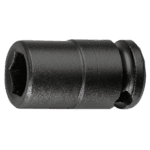 Black 3/8 drive metric 6-point impact socket for automotive and mechanical use.