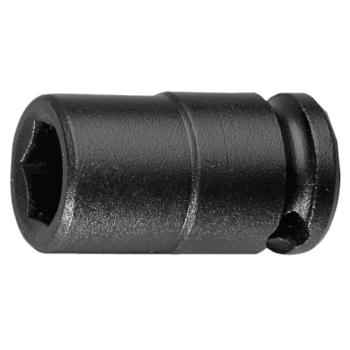 Black 3/8 drive metric 6-point impact socket for automotive and mechanical use.