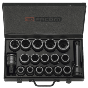 Facom impact socket set with 3/4 inch drive, 19 to 42 mm sizes, in a black storage case.