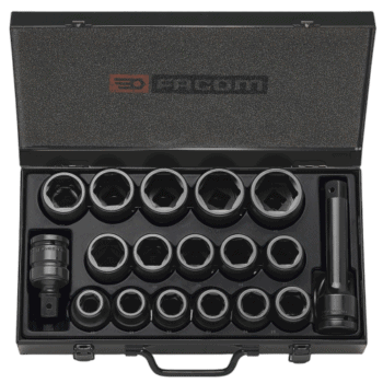 Facom impact socket set with 3/4 inch drive, 19 to 42 mm sizes, in a black storage case.