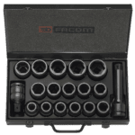 Facom impact socket set with 3/4 to 15/8 sizes in a black case, ideal for professional automotive and mechanical work.