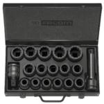Facom 16-piece impact socket set with 3/4 inch drive, sizes 19 to 42 mm, in a black storage case.
