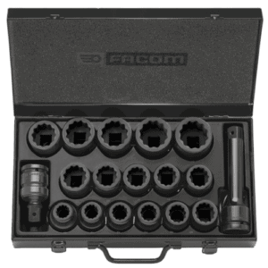 Facom 16-piece impact socket set with 3/4 inch drive, sizes 19 to 42 mm, in a black storage case.