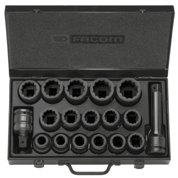 Facom 16-piece impact socket set with 3/4 inch drive, sizes 19 to 42 mm, in a black storage case.
