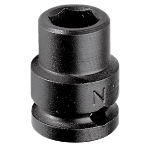 Black 1/2 drive metric 6-point impact socket for automotive and mechanical use.