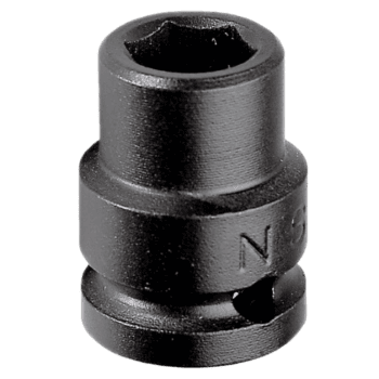 Black 1/2 drive metric 6-point impact socket for automotive and mechanical use.