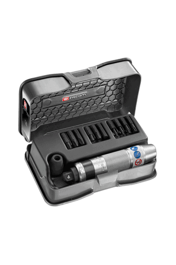 Facom impact screwdriver set with multiple bits and accessories in a black case, ideal for professional mechanical and automotive work.