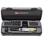 Facom impact screwdriver set in a black plastic case with various bits and accessories, ideal for professional toolkits.