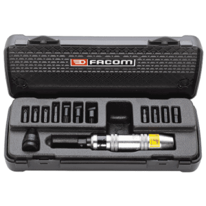 Facom impact screwdriver set in a black plastic case with various bits and accessories, ideal for professional toolkits.