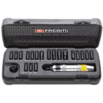 Facom impact screwdrivers set in a black case with labelled bits and a torque wrench, ideal for professional toolkits.