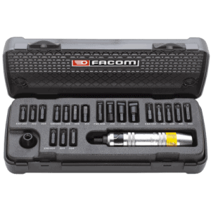 Facom impact screwdrivers set in a black case with labelled bits and a torque wrench, ideal for professional toolkits.