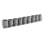 Set of 9 Facom 1/2 inch drive metric impact sockets on a rail, used for automotive and industrial applications.