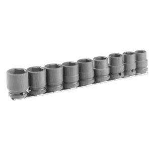 Set of 9 Facom 1/2 inch drive metric impact sockets on a rail, used for automotive and industrial applications.