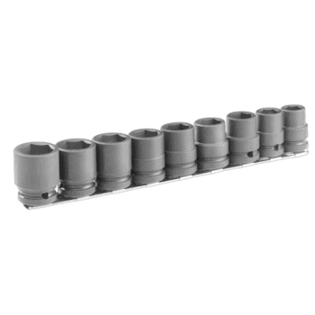 Set of 9 Facom 1/2 inch drive metric impact sockets on a rail, used for automotive and industrial applications.