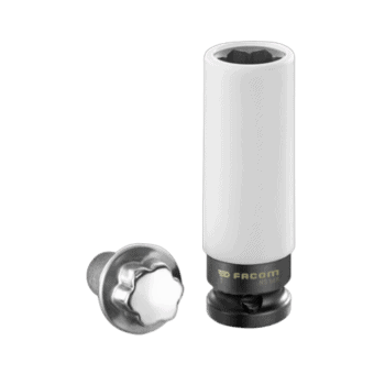 Facom impact socket set for Mercedes wheel nuts, featuring a white impact socket and a chrome wheel nut remover.