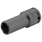 Impact socket for automotive and industrial use, 1/2 inch drive, long-reach, metric, thin-wall, 6-point design, grey finish.