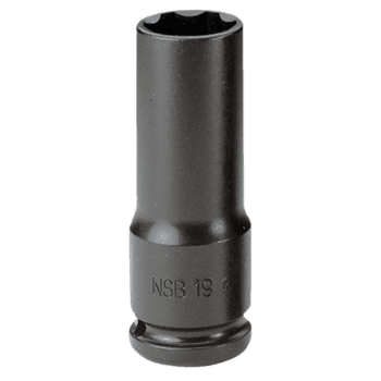 Impact socket for impact wrenches, 1/2 inch drive, long-reach, metric, thin-wall, 6-point design, black finish.