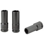 Set of three Facom 1/2 long-reach thin-wall impact sockets for wheel nuts, black finish, with model numbers NSB 19, NSB 21, and NSB 17.