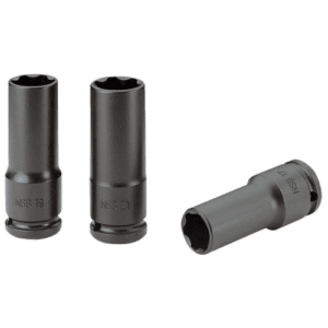 Set of three Facom 1/2 long-reach thin-wall impact sockets for wheel nuts, black finish, with model numbers NSB 19, NSB 21, and NSB 17.