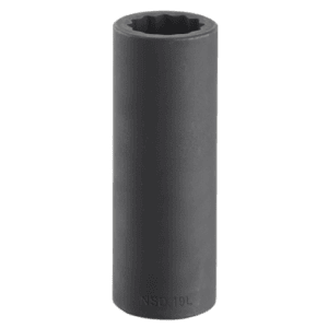 Impact socket with 1/2 inch drive, long-reach, 12-point, metric, model NSD.10L, in black finish.