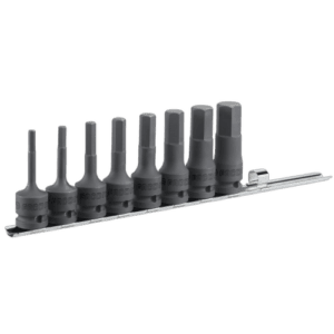 Facom 8-piece set of 1/2 drive metric hexagon socket head bits on a metal rail for professional use.