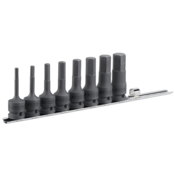 Facom 8-piece set of 1/2 drive metric hexagon socket head bits on a metal rail for professional use.