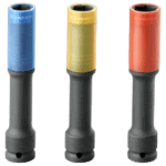 Set of three Facom reinforced long-reach impact sockets in blue, yellow, and red for professional automotive and mechanical use.