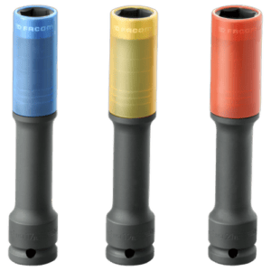 Set of three Facom reinforced long-reach impact sockets in blue, yellow, and red for professional automotive and mechanical use.