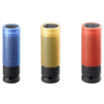 Set of three Facom impact sockets in blue, yellow, and red, designed for 1/2 inch drive, reinforced for heavy-duty use.