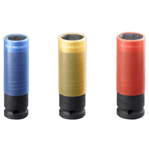 Set of three Facom impact sockets in blue, yellow, and red, designed for 1/2 inch drive, reinforced for heavy-duty use.