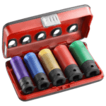 Set of five colour-coded impact sockets in a red plastic case, used for automotive and mechanical work.
