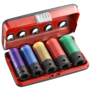 Set of five colour-coded impact sockets in a red plastic case, used for automotive and mechanical work.