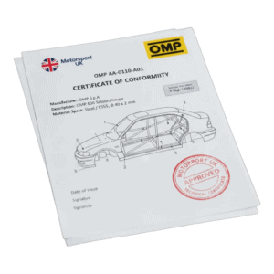 Omp homologation certificate for a Motorsport UK approved car roll bar with technical details and certification stamp.