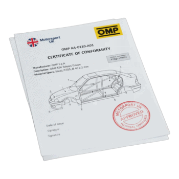 Omp homologation certificate for a Motorsport UK approved car roll bar with technical details and certification stamp.