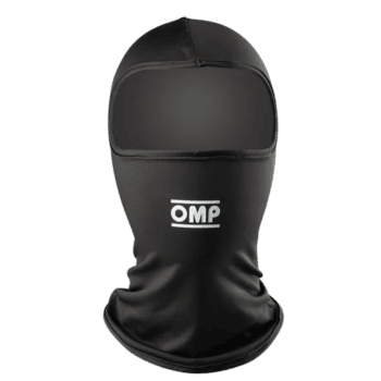 Black racing balaclava with OMP logo, designed for motorsport safety and comfort.