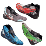 Set of four high-performance racing shoes from Grand Prix Racewear, featuring vibrant colours and advanced safety features for motorsport enthusiasts.