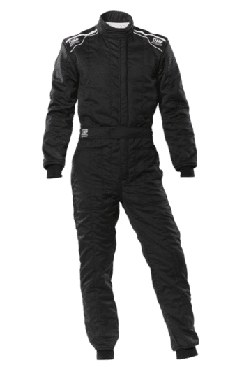 Black Grand Prix Racewear racing suit with OMP branding, designed for motorsport safety and performance.