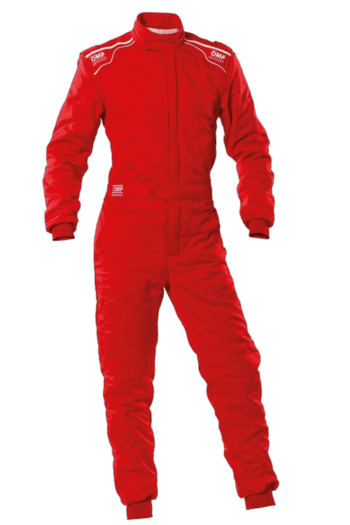 Red Grand Prix Racewear racing suit with sponsor logos, designed for motorsport safety and performance.