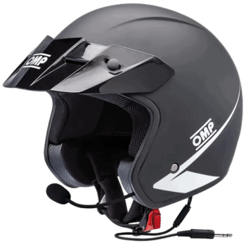 Black Grand Prix racing helmet with OMP branding, featuring a visor and communication microphone for motorsport safety.