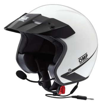 White Grand Prix racing helmet with black visor and OME branding, designed for motorsport safety and performance.