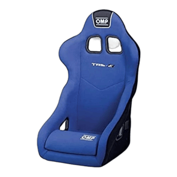 Blue racing seat by OMP, designed for motorsport safety and comfort, featuring high-quality padding and harness openings.