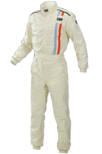 Grand Prix Racewear racing suit in white with blue, red, and black stripes, designed for motorsport safety and performance.