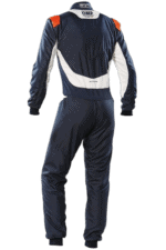 Motorsport racing suit from Grand Prix Racewear featuring navy, white, and orange accents, designed for professional drivers.