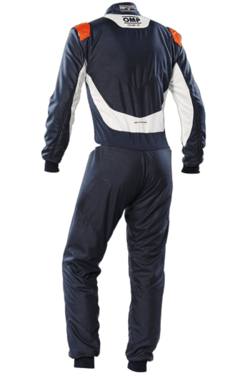 Motorsport racing suit from Grand Prix Racewear featuring navy, white, and orange accents, designed for professional drivers.