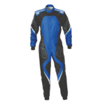 Grand Prix Racewear racing suit in blue and black with logo details, designed for motorsport safety and performance.